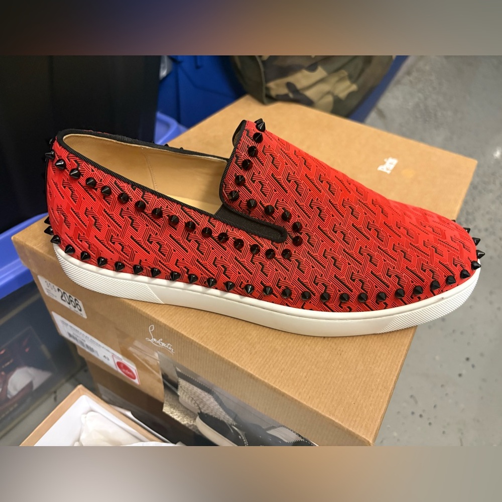 Christian Louboutin Red and Black Studded Loafers